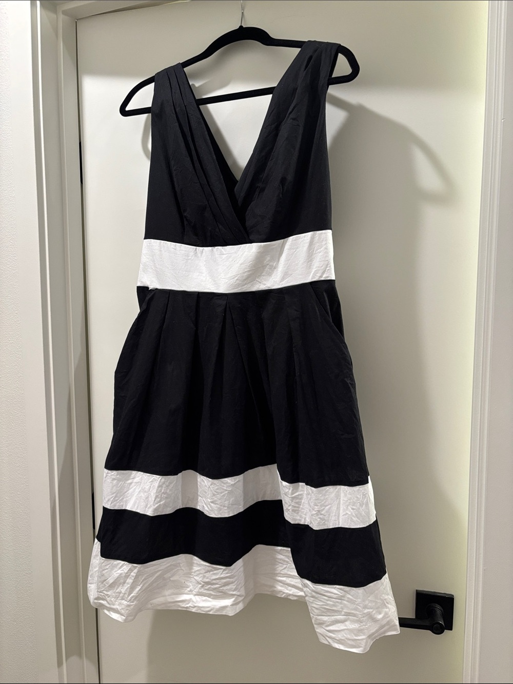 Black and White V-Neck Striped Midi Dress